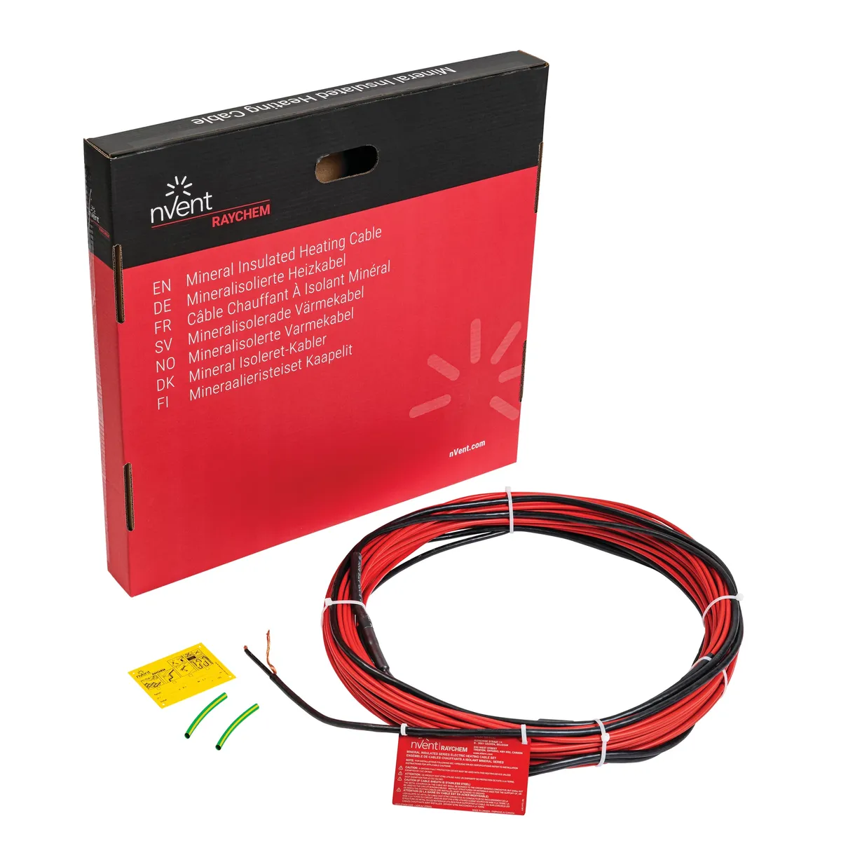 Raychem EM2-MI constant wattage cable attached to a power lead, coloured red.