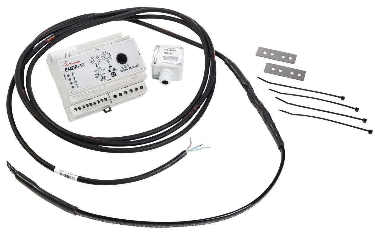 EMDR-10 controller pack contents including controller, sensor and mounting brackets.