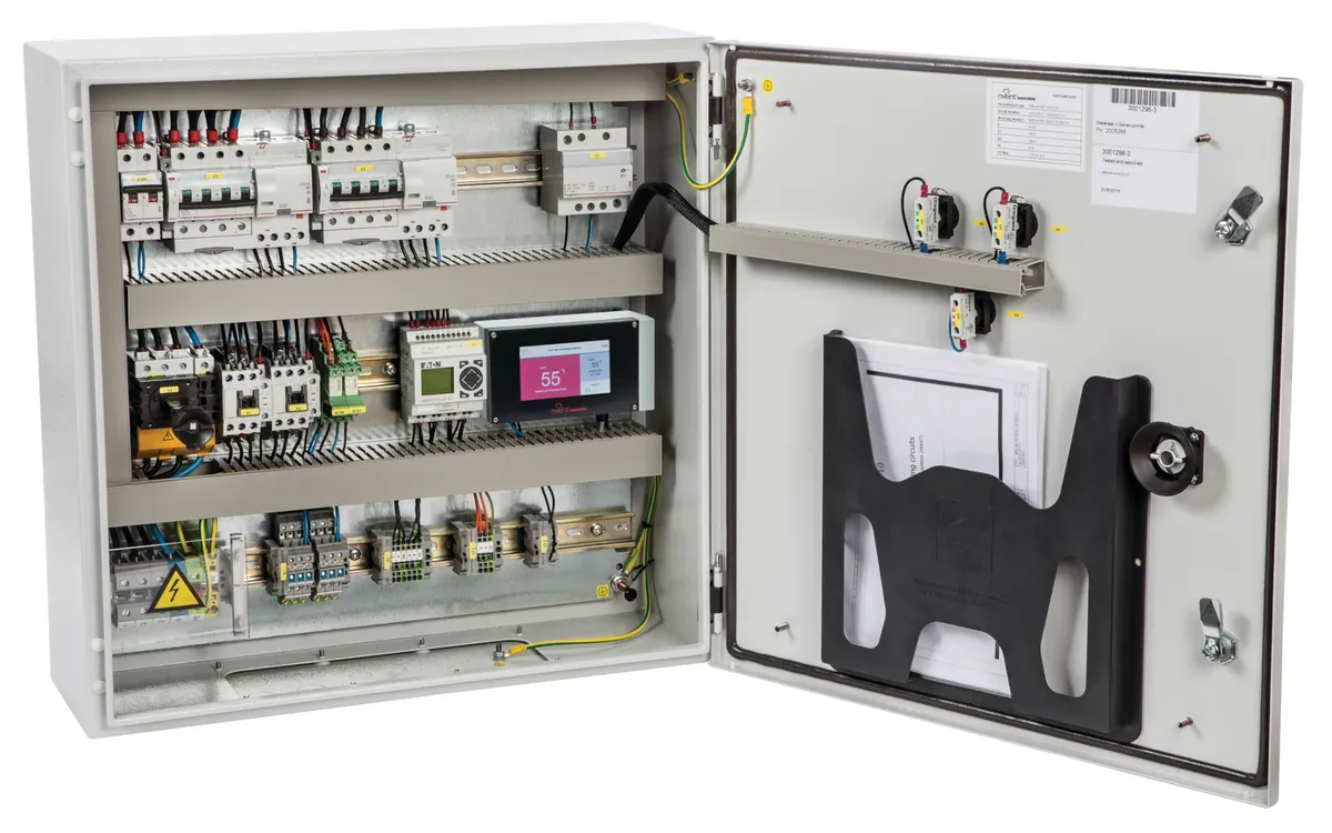 The SBS-01-HM-ECO-10 control panel.  A light grey box with the door open showing the installed controller and electrical components.