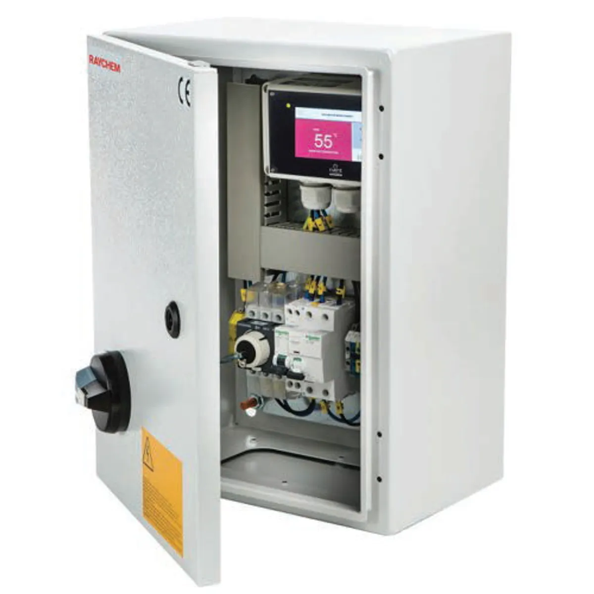 The SBS-R-HWAT control panel.  A light grey box with the door open showing the installed controller and electrical components.