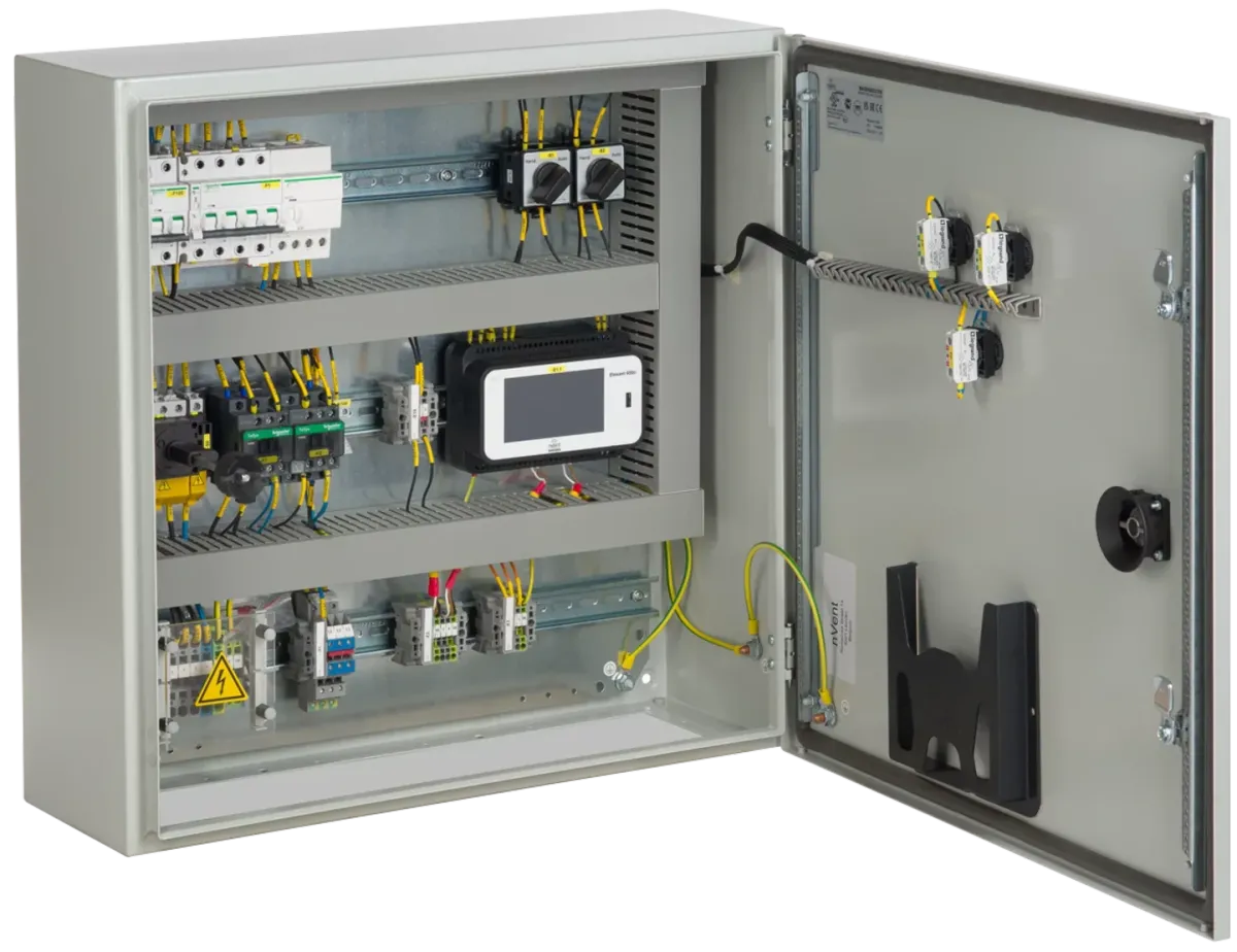 The SBS-SMDI-E650C control panel.  A light grey box with the door open showing the installed controller and electrical components.