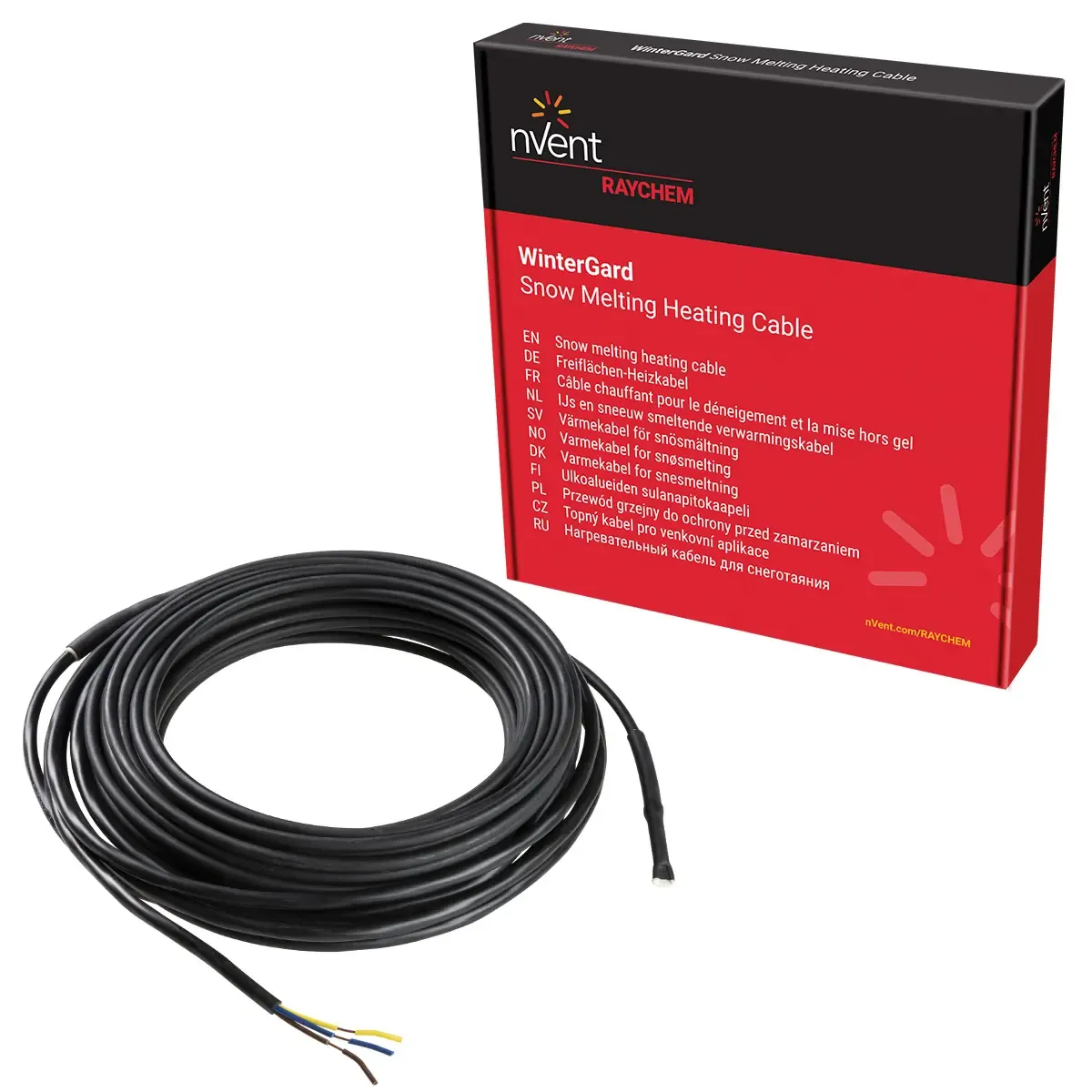 Raychem WINTERGARD-CABLE constant wattage cable mat rolled up and attached to a power lead, coloured blue, next to the box packaging it comes in.